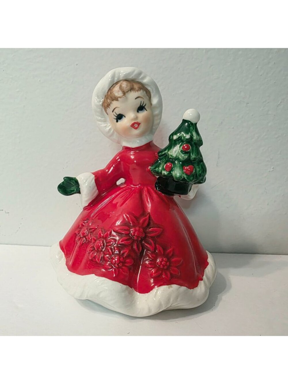 Vtg Lefton Made in Japan 6604 Christmas Tree Poinsettia Red Dress Girl Figurine